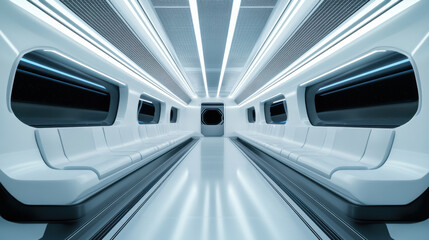 Obraz premium futuristic interior of maglev train car showcases sleek white seating and illuminated lines, creating modern and spacious atmosphere. design emphasizes advanced technology and comfort