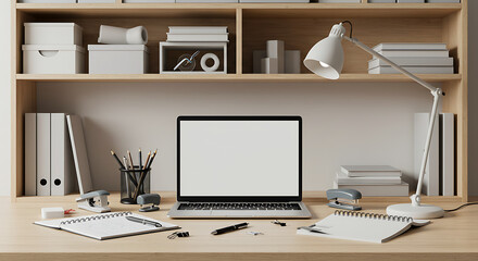 Naklejka premium Serene Workspace: Minimalist 3D Render of a Laptop and Desk AI Generated