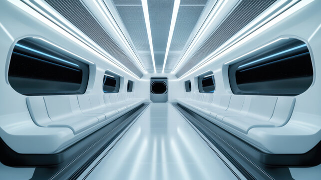 futuristic interior of maglev train car showcases sleek white seating and illuminated lines, creating modern and spacious atmosphere. design emphasizes advanced technology and comfort