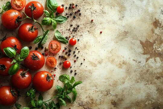 Fresh vine-ripened tomatoes with basil and spices arranged on a rustic countertop - Powered by Adobe