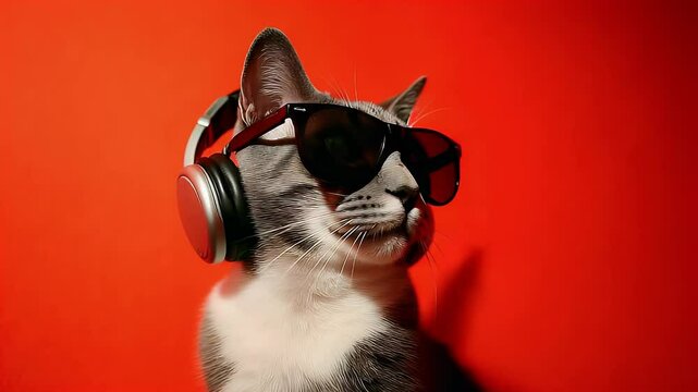 Cool cat wearing shades and headphones. Red background for contrast. Stylish look