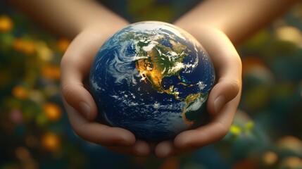 Close-up of hands holding the planet Earth, an Earth Day concept.