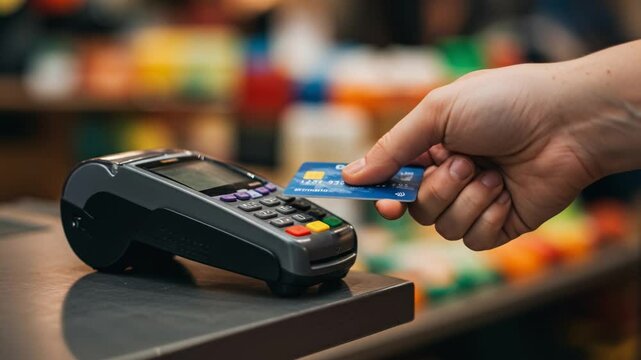 Customer paying with contactless credit card at supermarket checkout