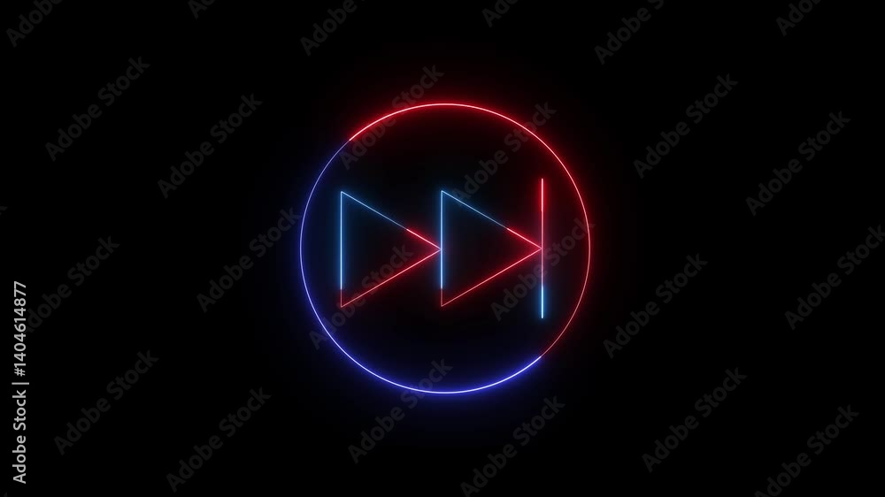Poster Neon Style Fast Forward Symbol Rotating On A Black Background Loop Animation