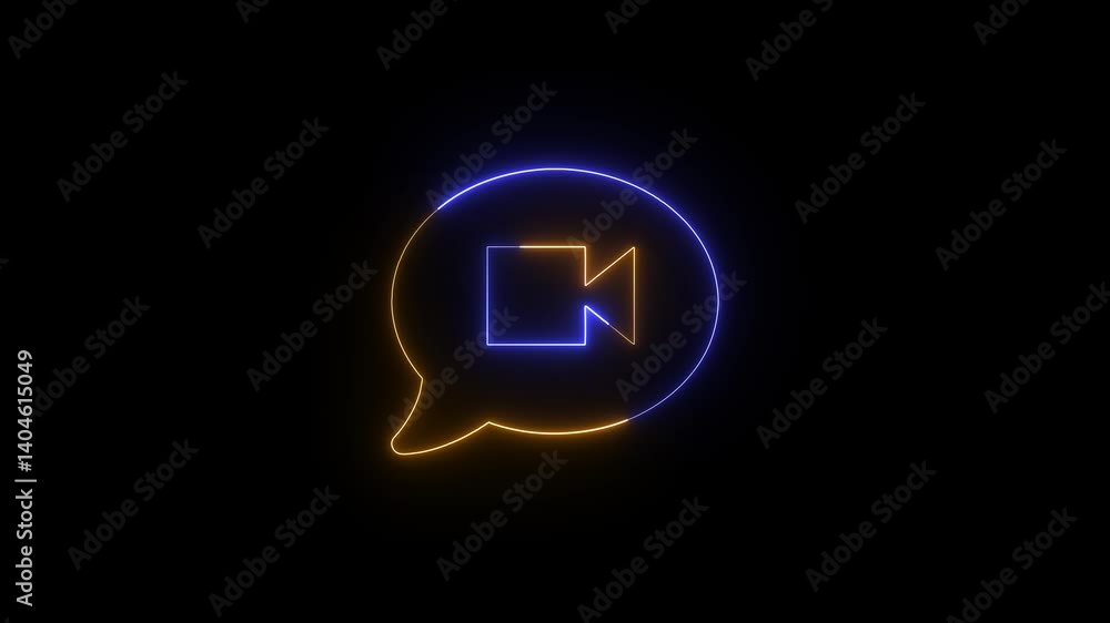 Poster animated neon video call icon inside speech bubble on black background with glowing effect