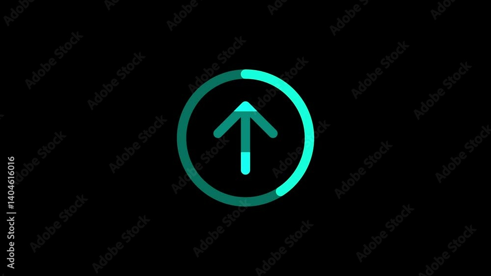 Poster teal circle loading animation with upward arrow on a black background design