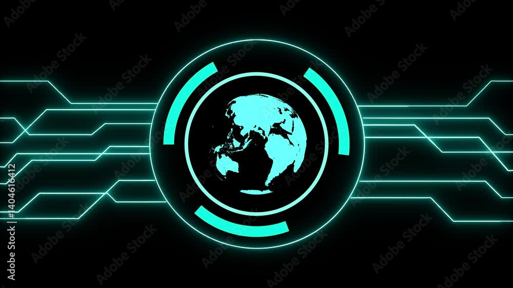 Poster globe in hud interface with circuit board connections global network technology background animation