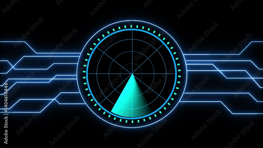 Poster radar screen animation with scanning beam and glowing circuit board background
