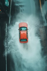 Urban Weather Resilience Vibrant Coral SUV Navigating Extreme Flood Conditions - Cinematic Transportation Safety and Climate Adaptation Visualization