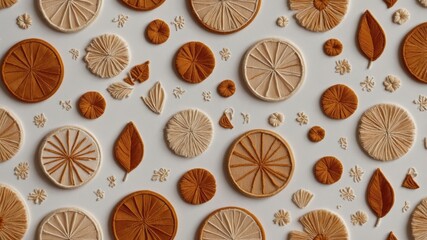 Embroidered circles leaves and floral shapes arranged on a surface