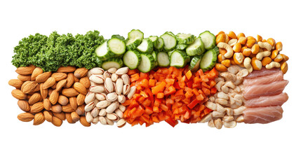 Colorful and healthy assortment of fresh ingredients including nuts, vegetables, and protein on a black background