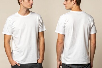 White Blank T-Shirt Mockup on Male Model Front and Back View – Isolated on Beige Background