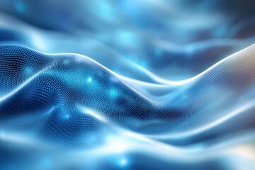 Wave-like patterns of blue fabric illuminated by soft light create a tranquil atmosphere indoors