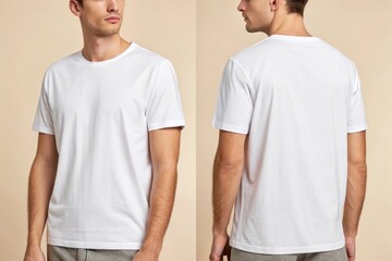 White Blank T-Shirt Mockup on Male Model Front and Back View – Isolated on Beige Background