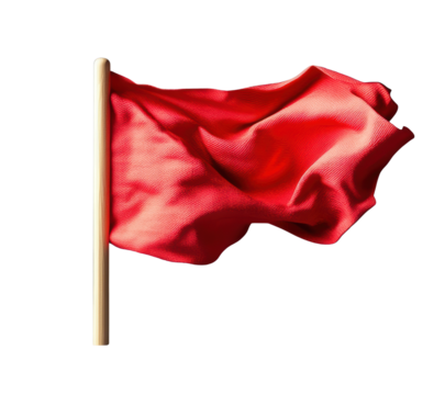 Vibrant red flag waving elegantly on a flagpole isolated on black background for symbolism and representation