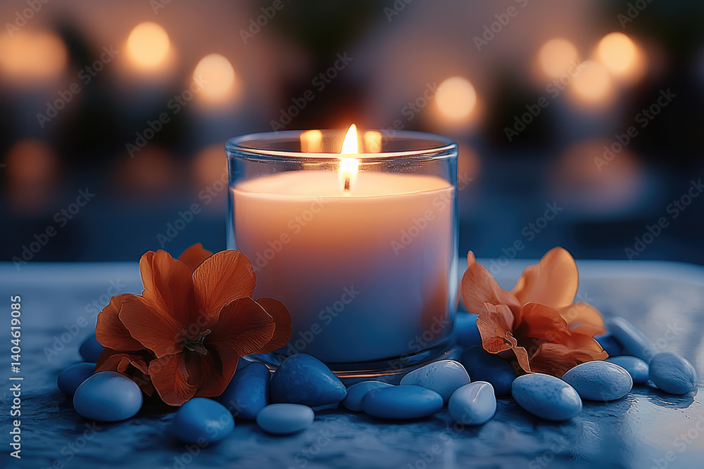 Poster lit candle surrounded by smooth pebbles and vibrant orange flowers creates serene and calming atmosp