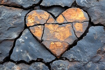 Heart shape formed by brown stones, set in dark cracked rock. Rough, weathered, and broken texture