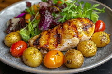 Grilled chicken fillet, baked potatoes, bright cherry tomatoes and a fresh, bright salad with herbs