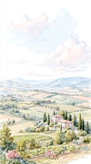 A peaceful watercolor landscape of Tuscany countryside with soft hills and villas. 토스카나 언덕과 전원 풍경이 담긴 평화로운 수채화입니다.