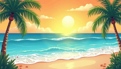 Obraz premium This illustration depicts a picturesque tropical beach scene at sunset. Two palm trees frame the image, their fronds stretching across the top corners. 