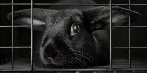 Obraz premium Ethical Easter Narrative Monochrome Rabbit Confinement - Compassionate Storytelling for Animal Welfare Awareness and Sustainable Food Systems
