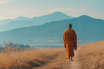 Monk walking peacefully through a serene landscape  
