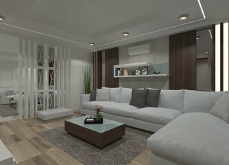 Fototapeta premium Modern 3D living room design with a comfortable couch, decorative wall paneling with simple shelving, a minimalist wooden center table, and a room divider.