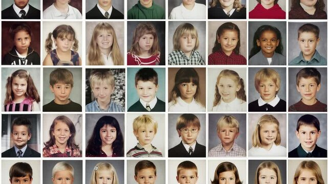 Tracking down color 1980s portraits of school children in formal dress arranged tightly in a nostalgic yearbook format, faces are static and evenly lit.