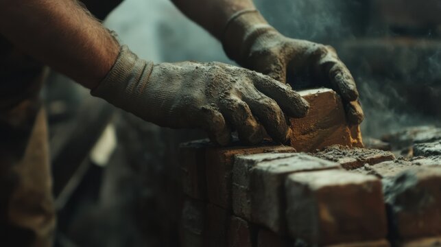 Mason carefully setting brick layers for a sturdy wall. Featuring craftsmanship and strength