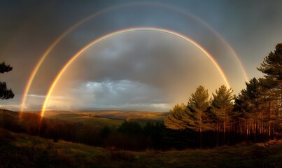 Naklejka premium Stunning Double Rainbow Over Rolling Green Hills and Majestic Pine Trees Dramatic Sky Landscape Photography Nature Beauty Awe Hope