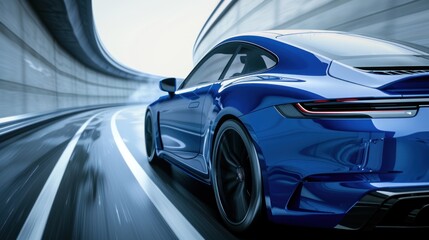 A blue sports car is driving down a highway