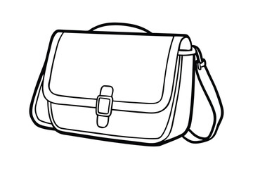 A black and white line art drawing of a vintage canvas messenger bag.eps