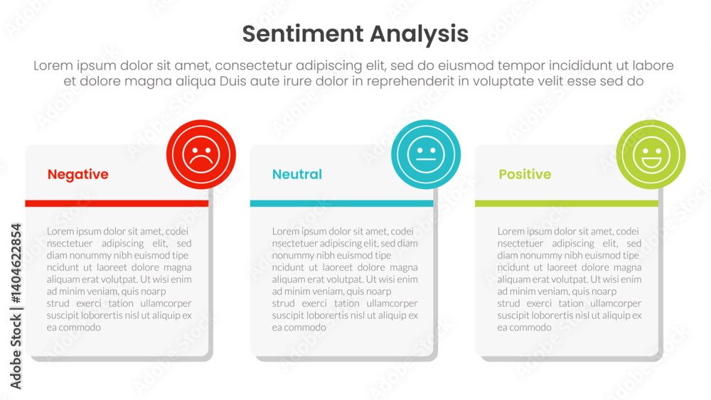 Aufkleber sentiment analysis infographic 3 point with big round square box for slide presentation