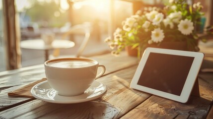 A white cup of hot coffee drink with digital tablet on wooden table in morning sunlight. Generate AI