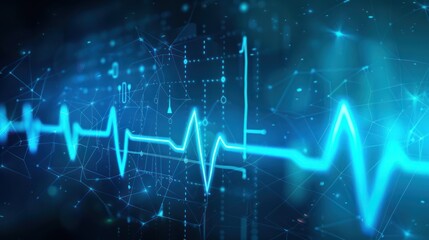 Digital visual of heartbeat pulse neon blue line, EKG cardio line on blue background. Generated AI