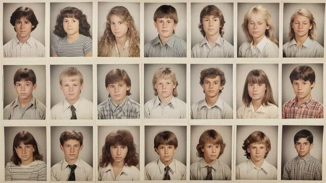 Muted 1980s yearbook portraits of elementary school students, symmetrical layout with direct gazes and subtle variation in attire, dolly inward slowly emphasizes social conformity