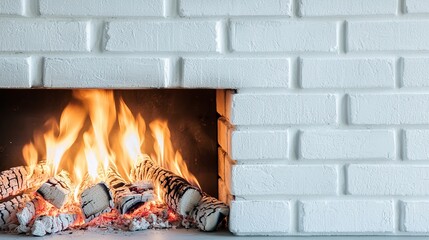 A warm and inviting fireplace featuring crackling flames and glowing embers against a white brick backdrop.