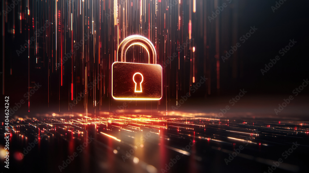 Poster stylized digital padlock icon glows amidst backdrop of shimmering light trails, symbolizing security