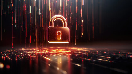 stylized digital padlock icon glows amidst backdrop of shimmering light trails, symbolizing security and protection in modern digital landscape