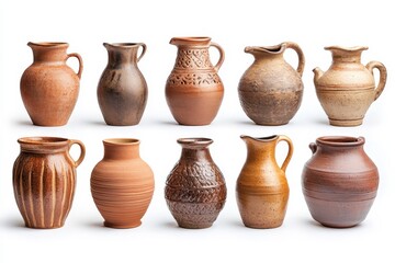 Set clay and ceramic jugs isolated on white