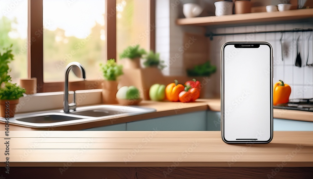 Aufkleber smartphone with an empty screen placed on a kitchen countertop showing a blurred background. generat