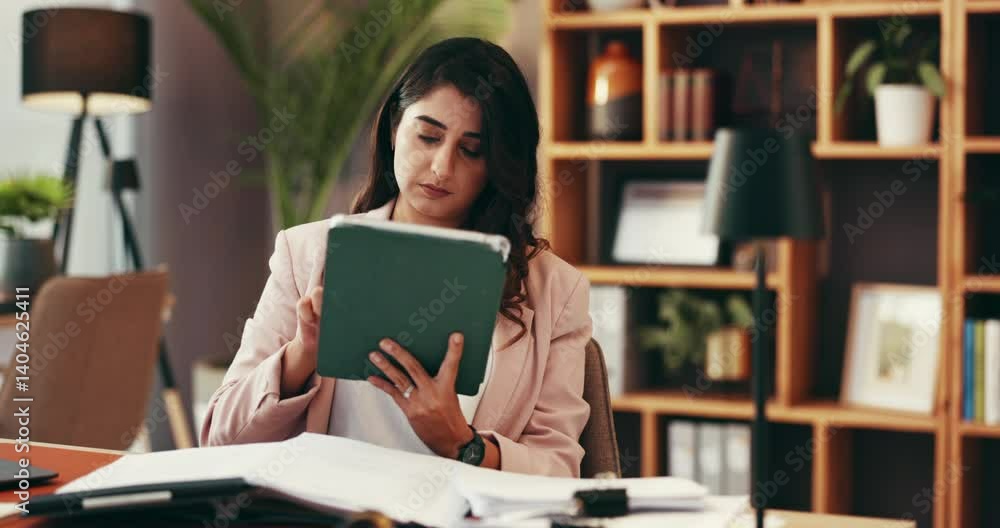 Poster Remote work, tablet and documents with woman in home office for virtual assistant, paperwork and networking. Feedback, administration and proposal schedule with person for information and research
