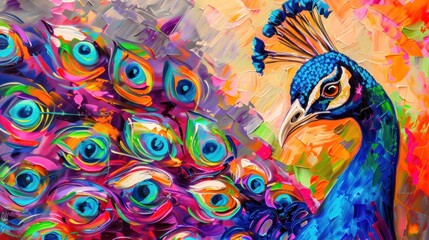 Colorful painting of vibrant majestic peacock bird with beautiful feathers color. Generated AI