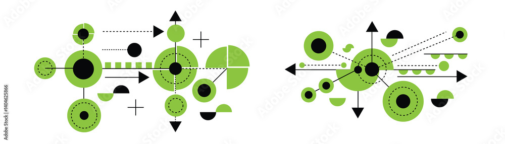 Poster Graphic Design Technological Blueprint Hi Tech Line Art Green Color Set. Web and software interface elements and resources vector art
