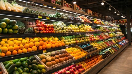 A grocery store with aisles full of fresh fruits and vegetables