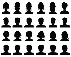 Set of black silhouettes of heads on a white background