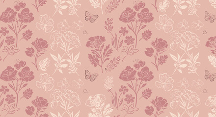 Floral Delicate Pattern: A delicate floral pattern featuring pastel pink and white blossoms with butterflies fluttering amidst the foliage.