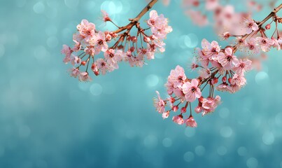 Pink Cherry Blossoms on Branch Against Teal Background