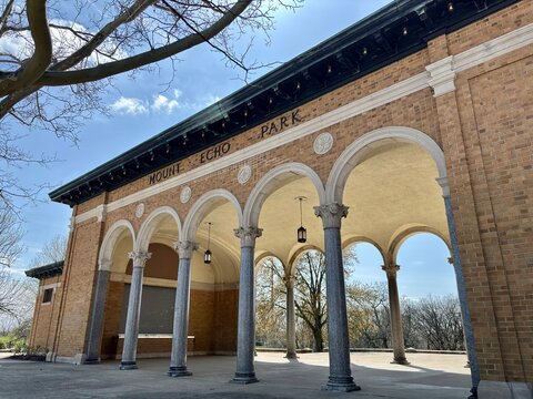 Mount Echo Park pavilion with arched facade under bright spring sky