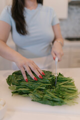 Cooking vlogger slicing fresh spinach on kitchen counter.